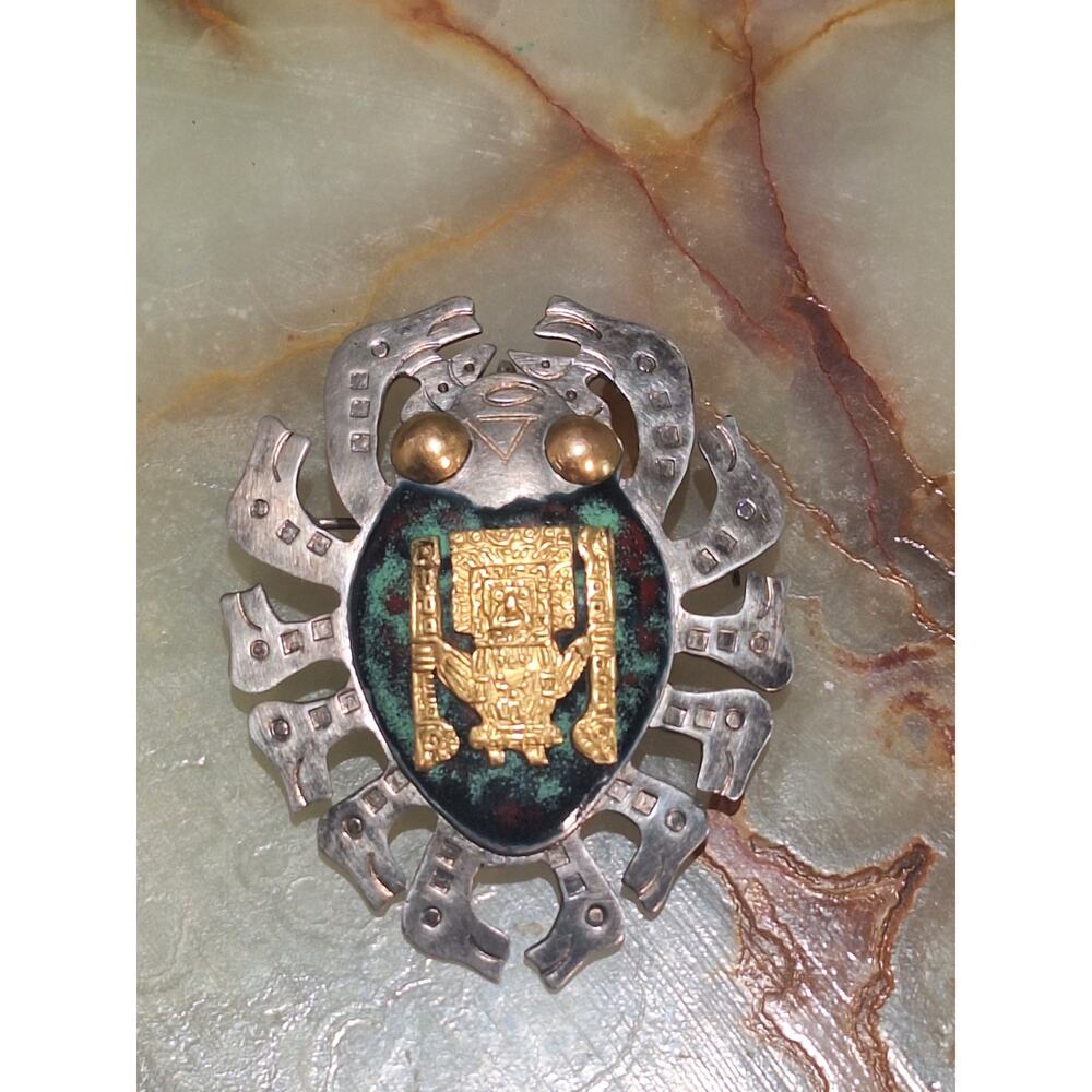 Peru 925 Sterling Silver 18K Gold Lang Nam Crab Man Pendant/Brooch Moche Vintage